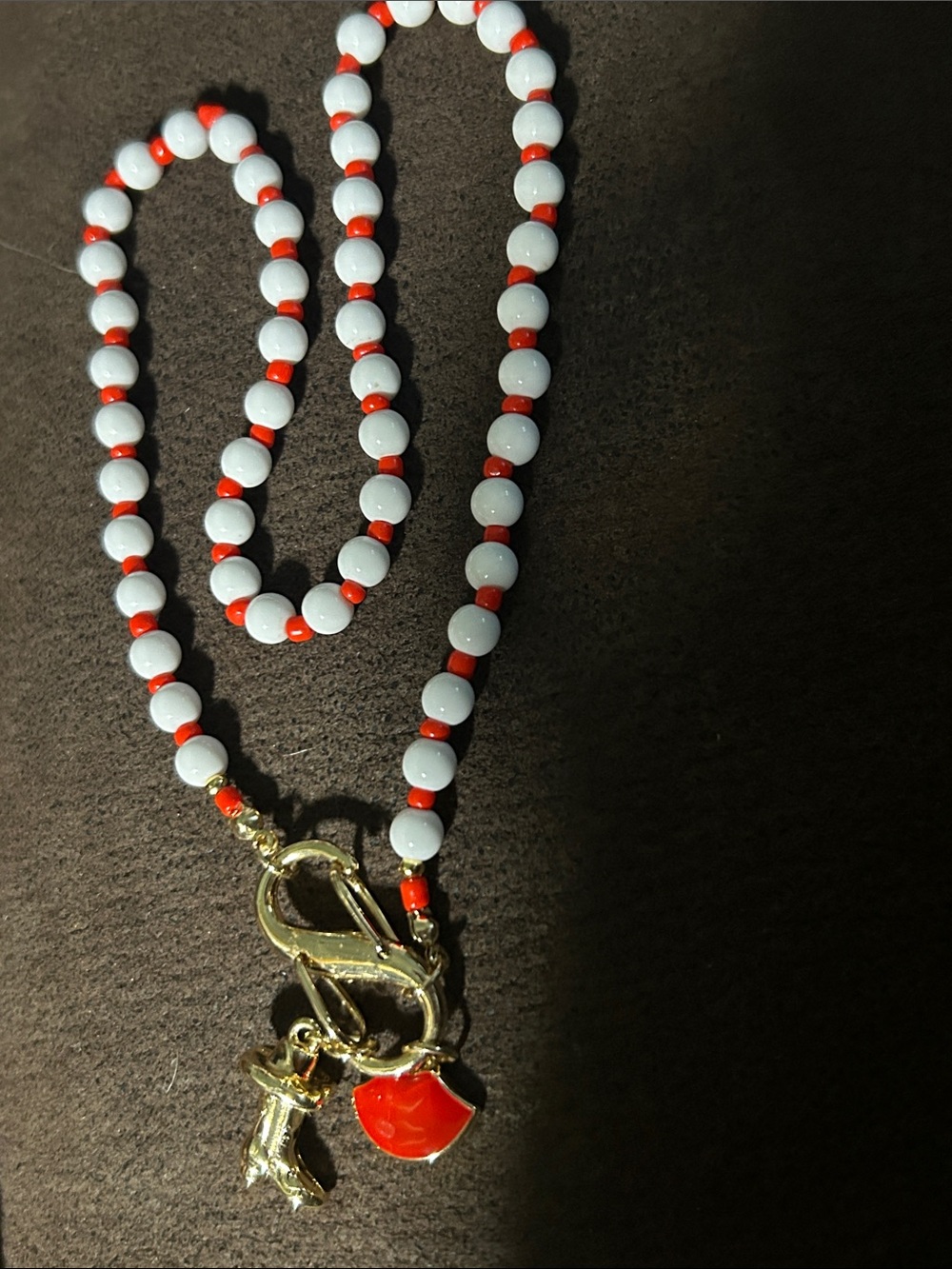 MAYAMAR Gold Toggle Necklace with White and Red Beads and Enamel Shoe Charm NEW